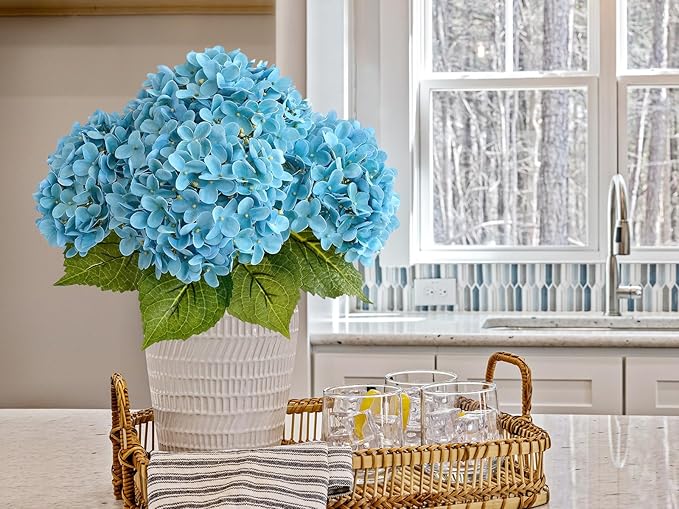 4 Pcs 20'' Turquoise Blue Hydrangea Artificial Flowers Lifelike Real Touch Latex Hydrangeas Faux Flower for Indoor Outdoor Xmas Home Decor Kitchen Table Centerpiece Wedding Flower Arrangement