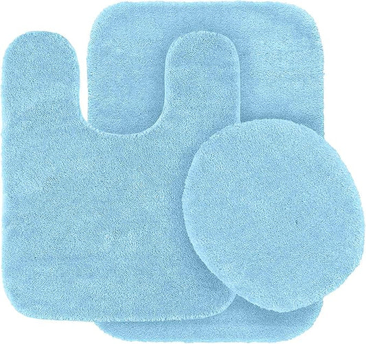 Mk Home LLC 3 Piece Bathroom Rug Set Bath Rug, Contour Mat & Lid Cover Non-Slip with Rubber Backing Solid Light Blue New