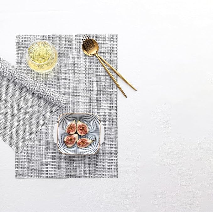 LEXMORE PVC Woven Placemats 12 PCS Wipeable Indoor/Outdoor Table Mats Washable Vinyl Place Mats for Dining Table, Set of 12-Gray