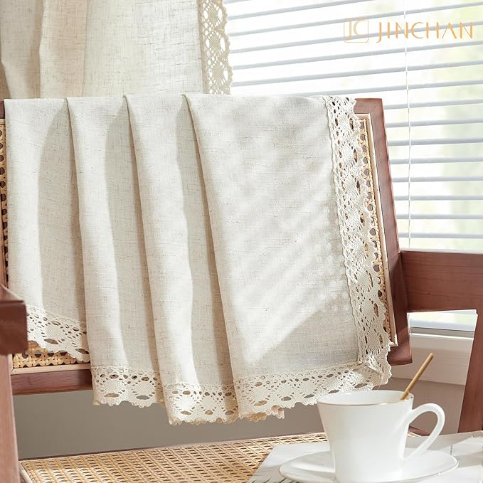 jinchan Linen & Polyester Blend Beige Curtains 84 Inch Length 2 Panels Curtains with Lace Trim for Living Room Rustic Farmhouse Curtain Rod Pocket Back Tab Light Bedroom Window Curtain Set