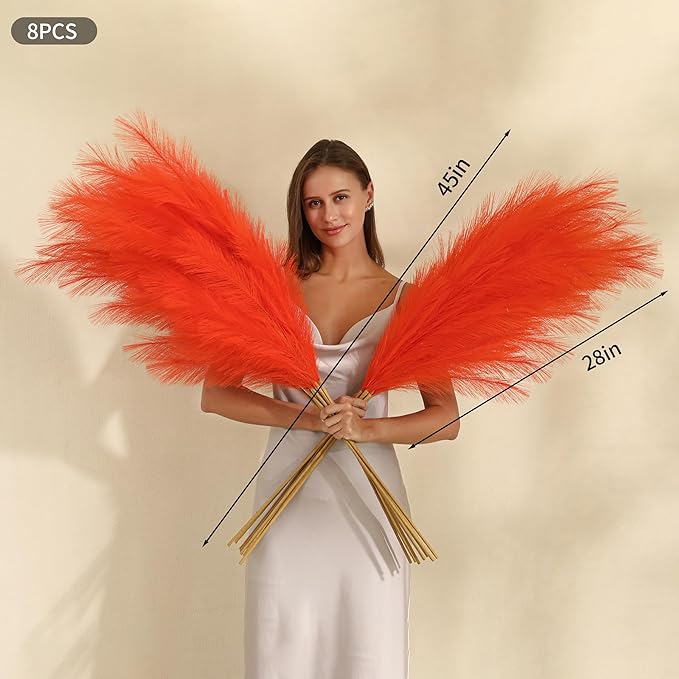 Orange Pampas Grass Decor- 45-Inch Set of 8 | Tall Faux Pampas Grass Soft and Fluffy | Large Artificial Pompas Floral | Perfect for Living Room, Office and Wedding Party Centerpieces