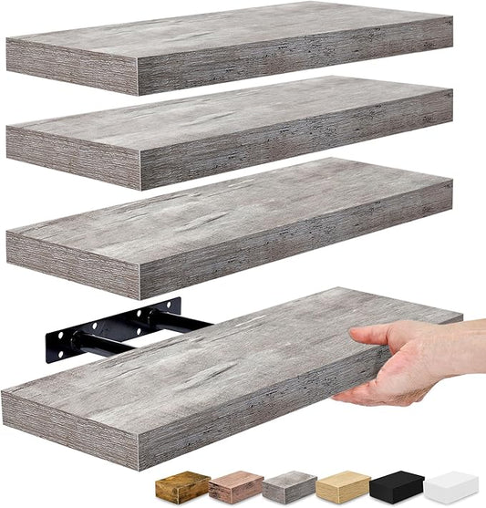 Sorbus Floating Shelves for Wall, Bathroom Shelves Wall Mounted for Kitchen, Bedroom, Living Room, Bathroom Storage, Over Toilet, Hanging Book Shelf for Wall Home Decor (4 Pack), Grey