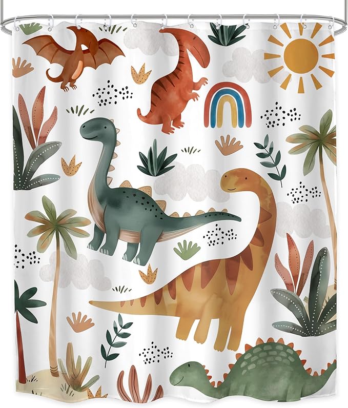 LGhtyro Kids Dinosaur Shower Curtain Bathroom Set 60Wx71H Inches Boys Cartoon Cute Dino Trex Raptor Jungle Animal Rainbow Sun Bath Accessories Watercolor Tree Plant Art Home Decor Fabric 12 Pack Hooks