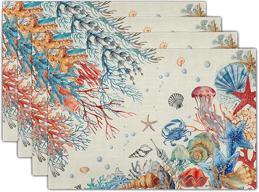 Giwawa 4PCs Summer Beach Placemats 12x18 Inch Ocean Coral Starfish Seashell Decorative Place Mat Vintage Nautical Collection Heat Resistant Table Mats for Kitchen Dining Party Seasonal