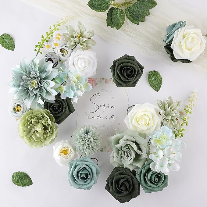 AmyHomie Forest Sage Green White Artificial Flowers Combo Silk Rose Fake Flowers w/Stem for DIY Wedding Bouquets Centerpieces Arrangements Table Fall Decor Party Bridal Baby Shower Home Decorations