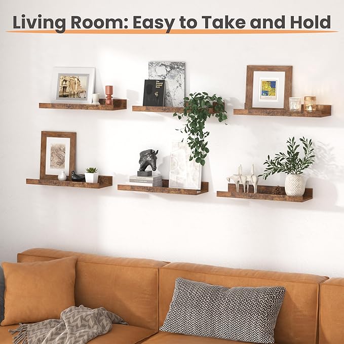 upsimples Floating Shelves for Wall, Wall Shelves for Decor Storage Set of 6, Wall Mounted Wood Shelves for Bedroom, Living Room, Bathroom, Kitchen, Picture Ledge Shelves, Brown