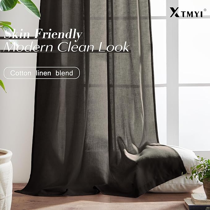 XTMYI Brown Linen Curtains Drapes for Living Room Bedroom 108 Inch Curtains Long 2 Panels Semi Sheer Window Treatments for Dining Room