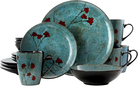 Elama Floral Accents 16 Piece Dinnerware Set in Blue