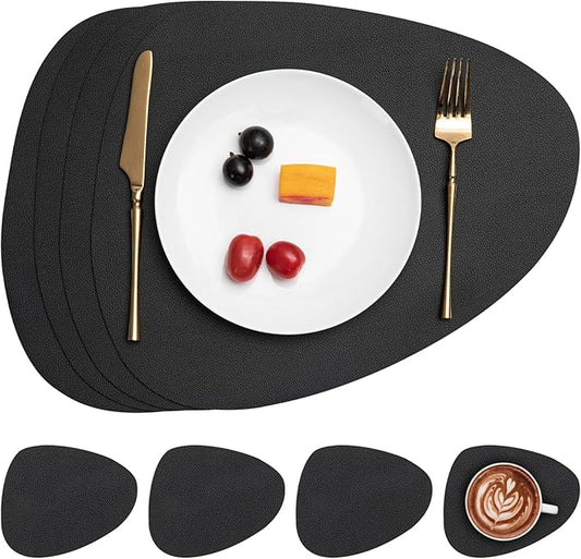 Myir JUN Placemats, Dual-Sided Placemats Waterproof Faux Leather Placemats Set of 4 Place Mats and Coasters Non-Slip Washable Table Mats for Dining Table (Black, Set of 4)