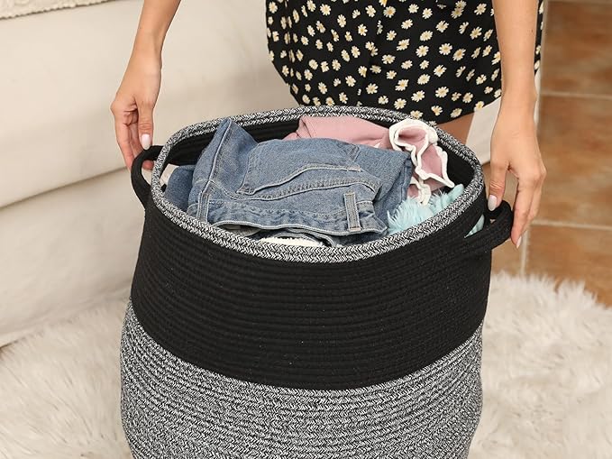 26" x 20" Tall Extra Large Storage Basket with Lid, Cotton Rope Storage Baskets, Woven Laundry Hamper with Cover, for Clothes Blanket in Living Room, Black in Black Light Grey Mix