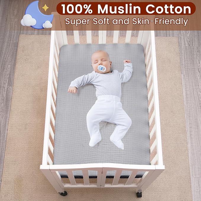 david's kids Muslin Mini Crib Sheets, 2 Pack Cotton Pack N Play Sheets for Boys Girls Neutral, Soft Breathable Baby Sheets Fit Pack N Play, Playard and Mini Crib Mattresses, Beige & Grey