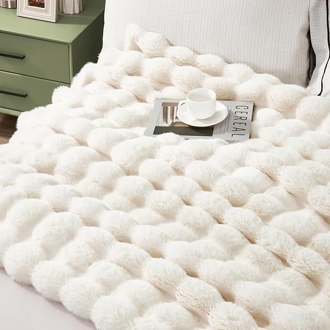JONIYEAR Soft Fuzzy Bubble Faux Rabbit Fur Throw Blanket for Couch 50" x 60", Double Sided Textured Warm Fluffy Blanket for Winter, Luxury Cozy Puffy Shaggy Comfy Furry Blankets for Chair, Cream White