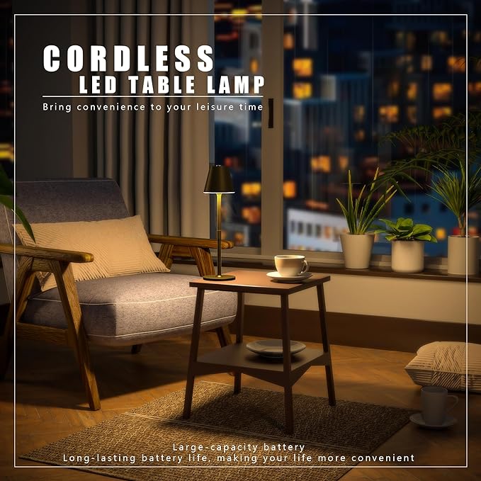 LED CordlessTable Lamp,4000mAh Rechargeable Battery Desk lamp,3 Level Brightness Beside Night Light, Minimalist Design, for Couple Dinner/Coffee Table/Restaurant/Bedroom(Bronze 2PACK)