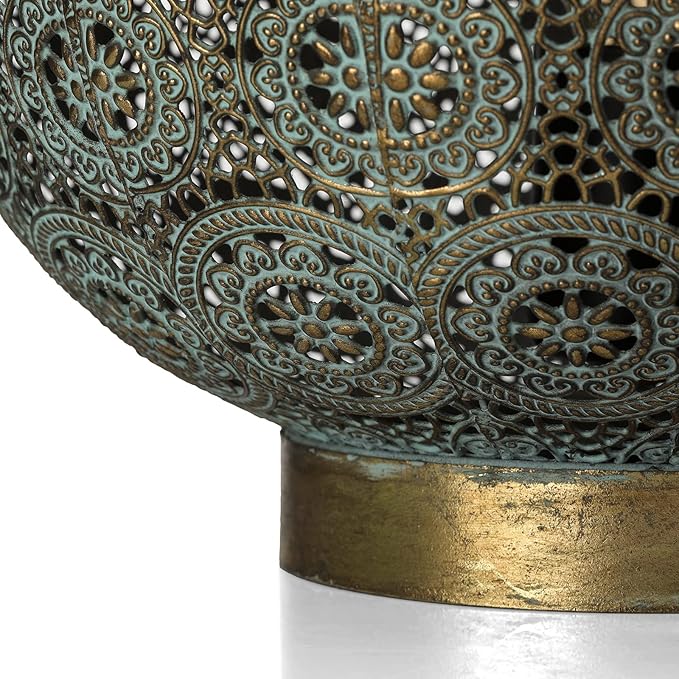 Moroccan Mosaic Table Lamp Metal Turkish Moroccan Lamp Handmade Mosaic Bedside Lamp Nightstand Lamp with Vintage Patina Green Globe Lampshade, for Bedroom Living Room Decor, Size 7" H &7.8" D