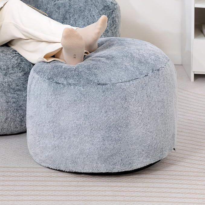 HollyHOME 15"(H) Bean Bag Round Ottoman Pouf, 6.6LB Memory Foam Filled Footstool for Sofa, Accent Stuffed Footrest Stool with Washable Cover, Single Footrest Stool for Living Room, Bedroom, Blue Gray