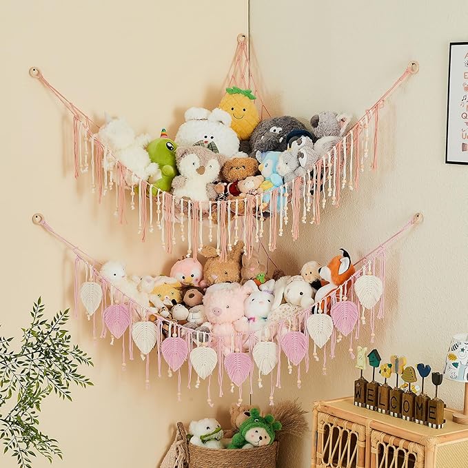 Pretty Jolly Stuffed Animal Storage Hammock with Wooden Beads Corner Hanging Net Boho Tassel for Toy Plush Holder for Kid Room Nursery Decor Wall Display Organizer for Girls Boy Gift(Leather Pink)