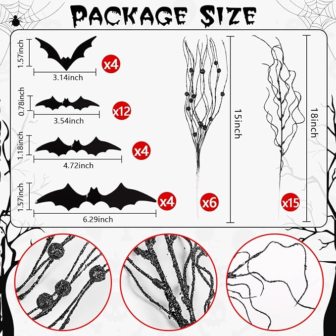 21Pcs Halloween Decorations Black Artificial Branches Picks Decor Berry Stems Tree Glittery Curly with 24Pcs Bats for Flowers Arrangement Floral Bouquet Vase Party Supplies