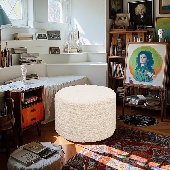 Round Pouf Ottoman 20 x 20 x 14 Inches Boho Poof Home Decor Floor Pouffe Ottoman Foot Rest for Couch Sofa Bean Bag Chairs Living Room Bedroom (Linen White)