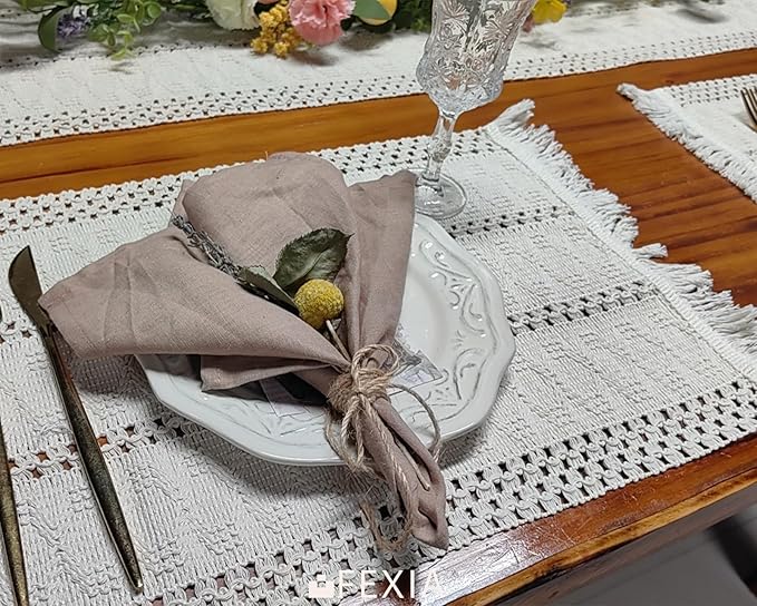 FEXIA Boho Placemats Set of 4, Macrame Table Decor and Farmhouse Style Placemats Natural Cotton Burlap, for Dining Table Kitchen