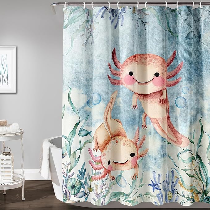 AILONEN Cute Axolotl Shower Curtains,Seaweed Salamander Bath Curtain for Kids Bathroom Decor,Polyester Waterproof with 12 Plastic Hooks 72" W*96" H