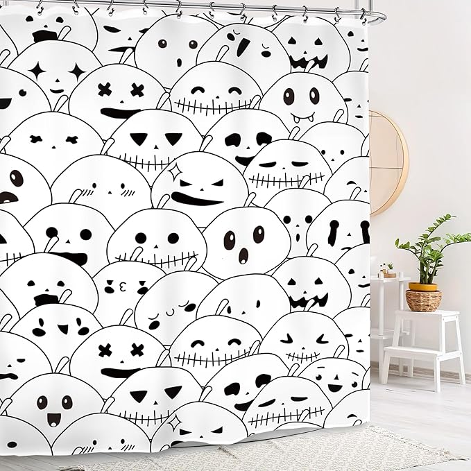 Halloween Pumpkin Ghost Kids Shower Curtain 60Wx72L Inch Horror Scary Spooky Black White Cartoon Lovely Cute Bathroom Set Accessories Decor with 12 Pack Hooks