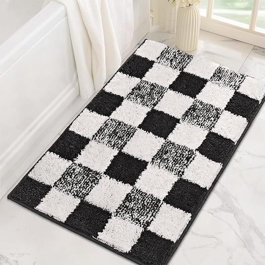 GRANNY SAYS Checkered Black Bathroom Rugs, 24" x 16", Non-Slip Bath Mats for Bathroom, Plush Shag Absorbent Microfiber Ultra Soft Bath Mat, Cute Washable Rug for Tub, Shower, Bedroom