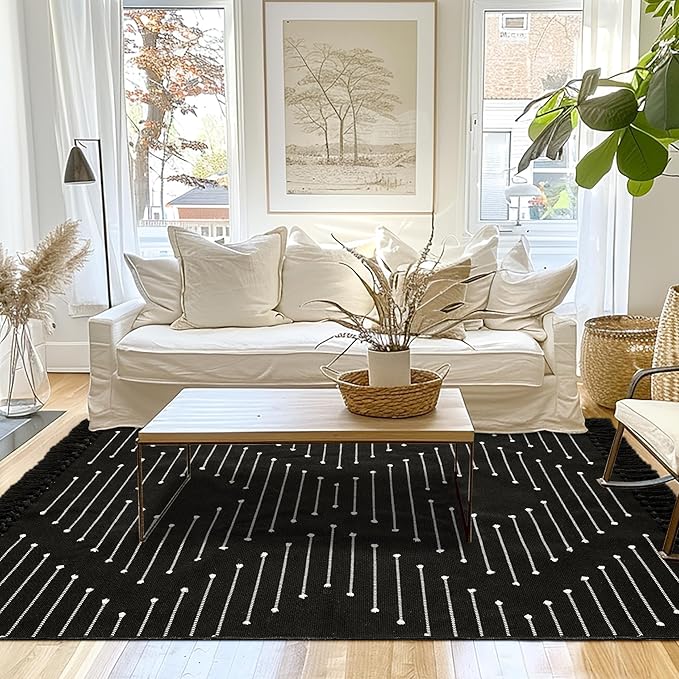 Tritard Boho Washable Area Rug 4x6 - Woven Cotton Lightweight Entryway Bedroom Throw Rugs with Tassels, Thin Farmhouse Aztec Indoor Carpet for Kitchen, Bathroom, Entrance, Living Room, Black White