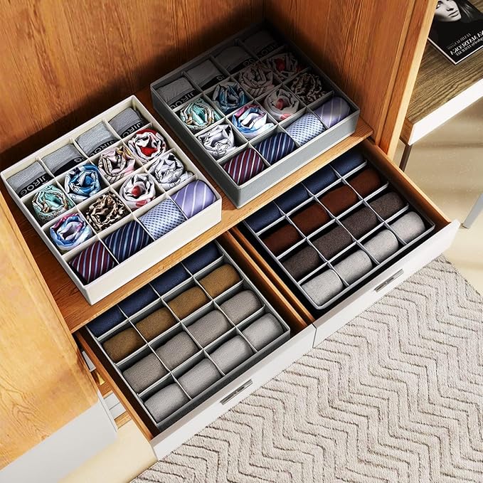 Joyoldelf Sock Drawer Organizer Divider Underwear Organizer 16-cell Fabric Dresser Drawer Organizers Storage Boxes for Socks Lingerie, Handkerchiefs, Ties 4 Pack (Blended-Grey)