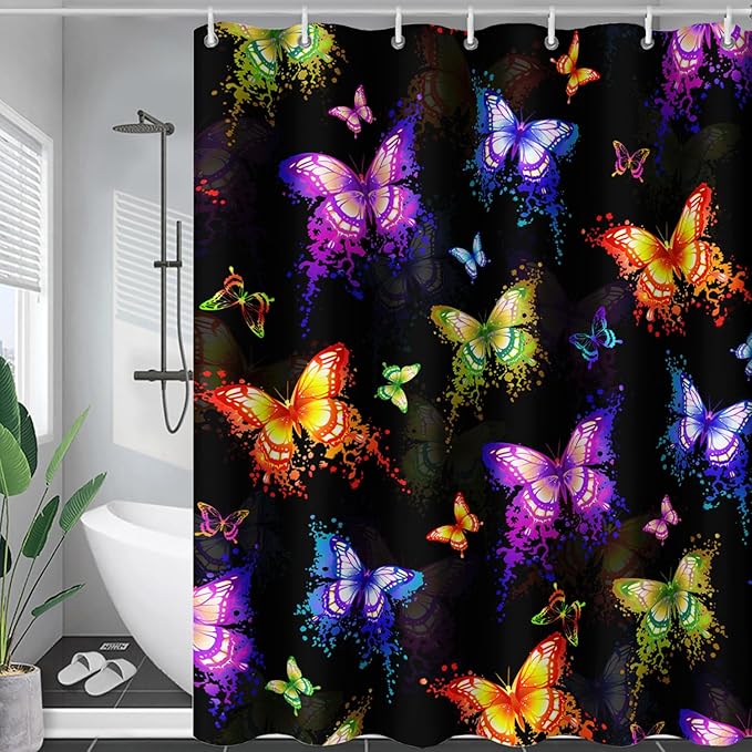AILONEN Butterfly Shower Curtain for Bathroom, Colorful Butterfly Polyester Waterproof Bath Curtain,Modern Fashion Minimalist Shower Curtain with 12 Plastic Hooks,Black 72" W*96" H