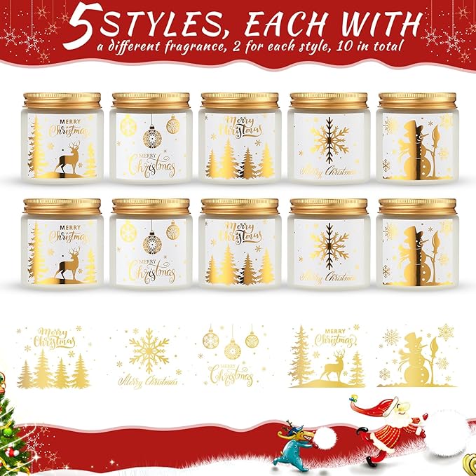 MTLEE 10 Pcs Christmas Candle Gift Set Scented 10 Fragrances Aromatherapy Candle Gift Set for Women Christmas Holiday Presents(Golden Lid)
