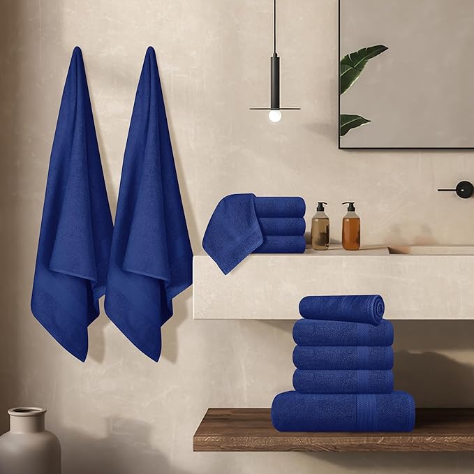 GLAMBURG Ultra Soft 24-Piece Towel Set - 100% Pure Ringspun Cotton, Contains 8 Oversized Bath Towels 27x54, 8 Hand Towels 16x28, 8 Wash Cloths 13x13 - Ideal for Everyday use, Hotel & Spa - Navy Blue