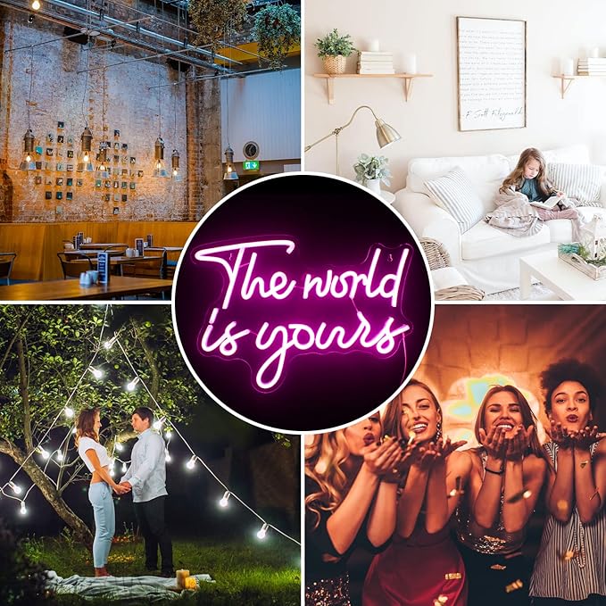 Lucunstar The World Is Yours Neon Sign - Pink Led Neon Light for Wall Decor, USB Powered Sign for Wedding, Engagement, Bedroom