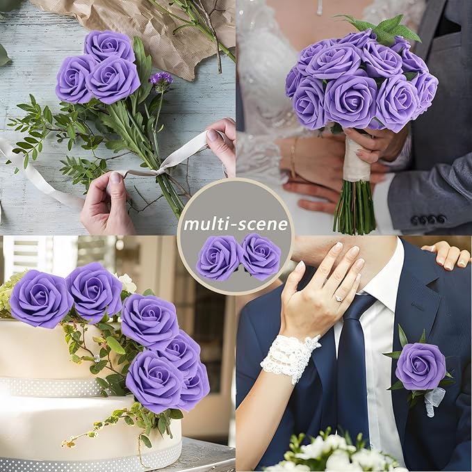 50PCS Artificial Flowers Purple Roses Real Looking Foam Fake Roses with Leaves and for DIY Wedding Bouquets Bridal Shower Centerpieces Party Decorations (Purple, 50)