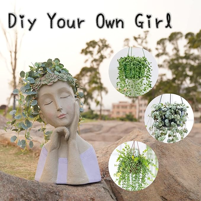 Head-Planter - Face Flower Pot - Succulent Planters - Drainage Hole - Garden Statue Flower Pots Cactus Resin Planter with Drainage Hole Garden Yard Farmhouse Décor 9.25*7*13.5 inch Newman House Studio
