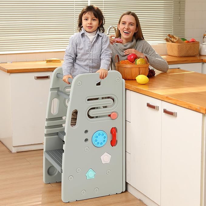 SDADI Multifunctional Toddler Tower with Double Safety Rails - Adjustable & Non-Slip for Kitchen and Bathroom Use - Montessori Step Stool for Kids, Dark Gray and Light Gray