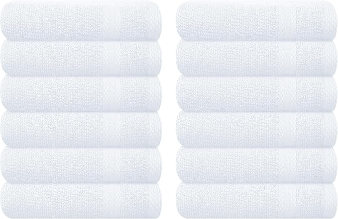 GLAMBURG Ultra Soft 12-Piece Washcloths Set 13x13-100% Ringspun Cotton - Durable & Highly Absorbent Face Towels - Ideal for use in Bathroom, Kitchen, Gym, Spa & General Cleaning - White