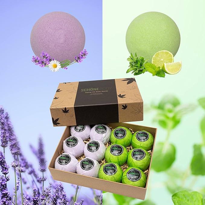 Hemp Bath Bombs by Schone Body, 2 Relaxing Scents of Refreshing Mint and Hemp Oil and Soothing Lavender and Hemp Oil. Made with Pure Essential Oil Vegan Set (Large 12 Pack, Bath Bombs), Green