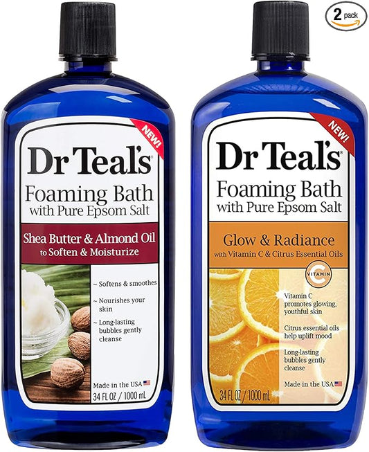 Dr Teal's Foaming Bath Combo Pack (68 fl oz Total), Moisturizing Shea Butter & Almond Oil, and Glow & Radiance with Vitamin C and Citrus Essential Oils