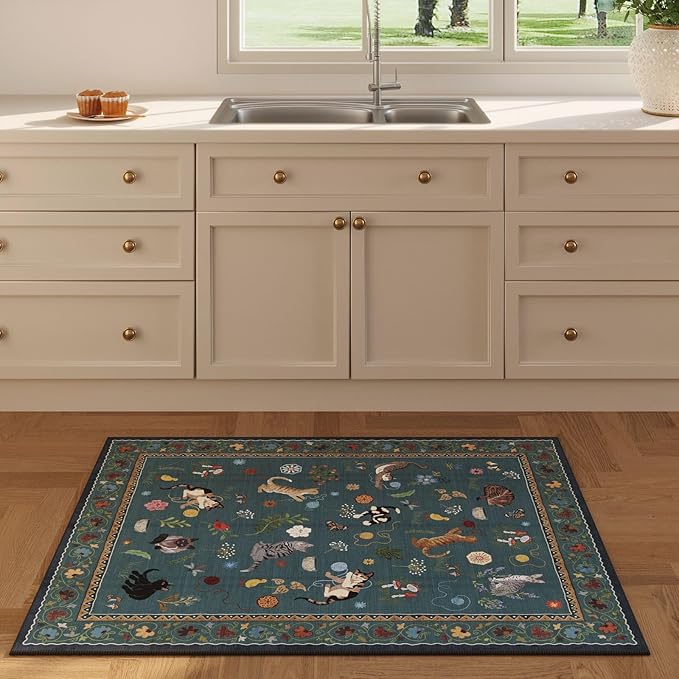 Door Mat Indoor Entrance 2x3 Rug Machine Washable Boho Floral Animal Cat Small Area Rug Non-Slip Low Pile Throw Rugs for Entryway Kitchen Front Door Indoor Entry Kids Room, Pearl Gentian Blue