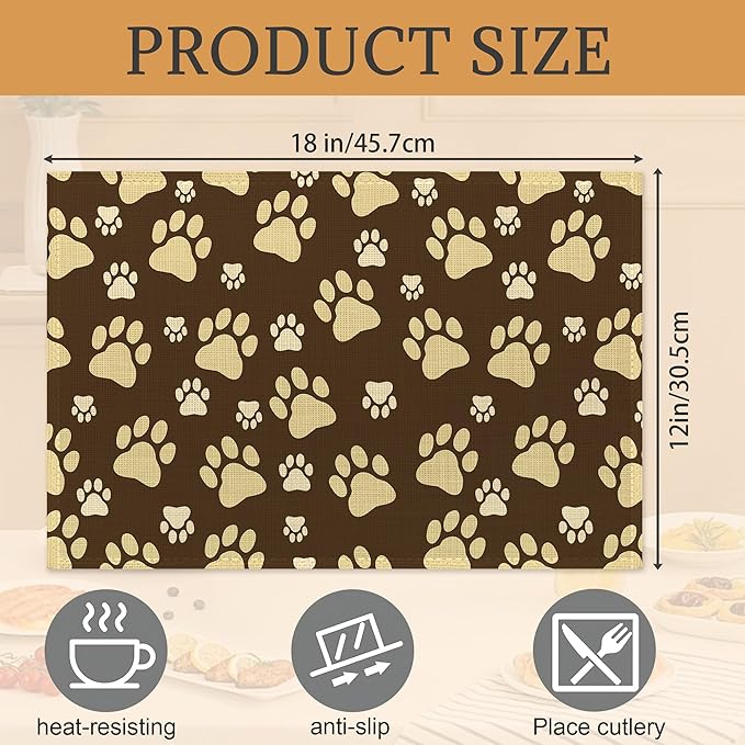 Placemats Set of 6, Cute Dog Paws Place Mats Washable Heat Resistant 12×18 Inch Linen Table Mats for Party Outdoor Dining Décor