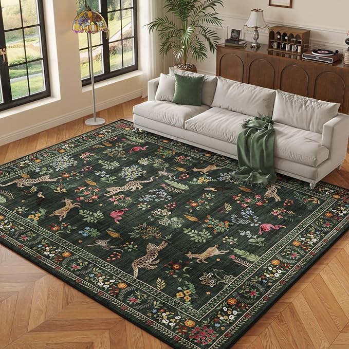 Living Room Rug 6x9 Rug Machine Washable Boho Area Rug Non Slip Floral Animal Vintage Low Pile Large Rug for Living Room, Bedroom, Farmhouse, Dining Room, Kids Playroom (Green)