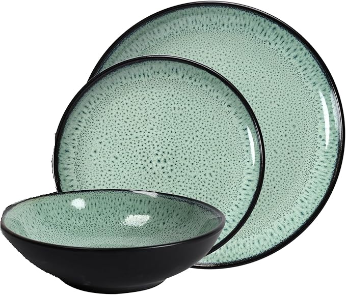 Tudor 6-Piece Dinnerware Set,Service for 2,Green, Reactive Glaze Dish Set, Plates and Bowls Set,Premium Quality Tableware, Unique Pattern, Glossy
