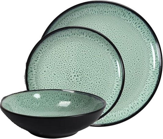 Tudor 6-Piece Dinnerware Set,Service for 2,Green, Reactive Glaze Dish Set, Plates and Bowls Set,Premium Quality Tableware, Unique Pattern, Glossy