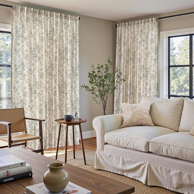 jinchan Linen Floral Curtains Extra Wide for Patio Sliding Glass Door Room Divider Curtain for Living Room 90 Inch Length Farmhouse Peony Green Printed Curtain Set 1 Panel
