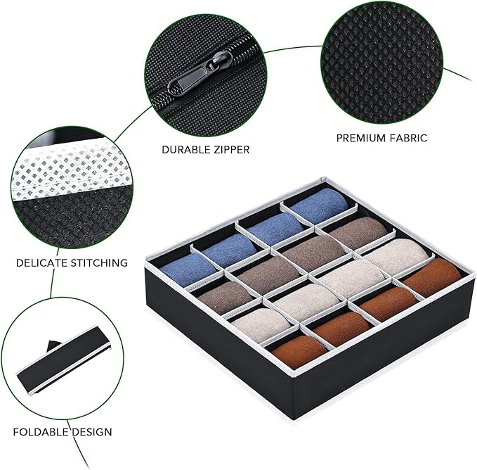 Joyoldelf Sock Drawer Organizer Divider Underwear Organizer 16-cell Fabric Dresser Drawer Organizers Storage Boxes for Socks Lingerie, Handkerchiefs, Ties 4 Pack (Black)