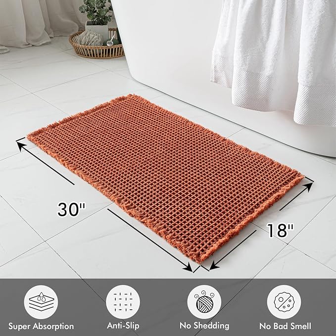 MIULEE Fall Orange Set of 2 Waffle Bathroom Rugs, Boho Bath Rugs Non Slip Washable, Super Absorbent Bath Mats, Ultra Soft Rubber Backed Shower Mats for Bathroom Floor, Tub and Shower, 18x30 Inch