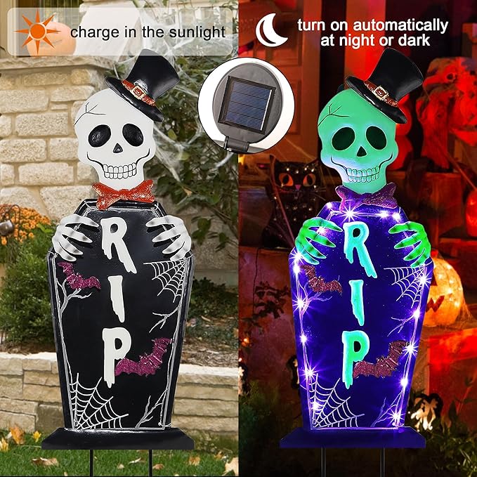 Joliyoou Halloween Yard Stake, 26.4" Solar Lighted Metal Tombstone with Glow in The Dark Ghosts, 18 LED Purple Lights Spooky Yard Sign for Outdoor Front Door Yard Lawn Garden Decorations