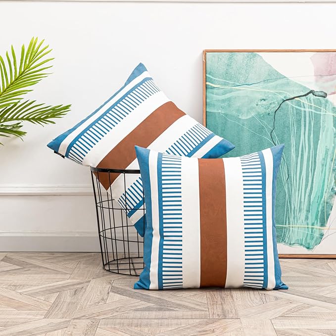 18x18 Throw Pillow Covers Set of 2 Farmhouse Rustic Pillow Case Decorative Boho Cushion Cover for Living Room Sofa Bed Couch Accent Faux Leather Pillow Case,Blue