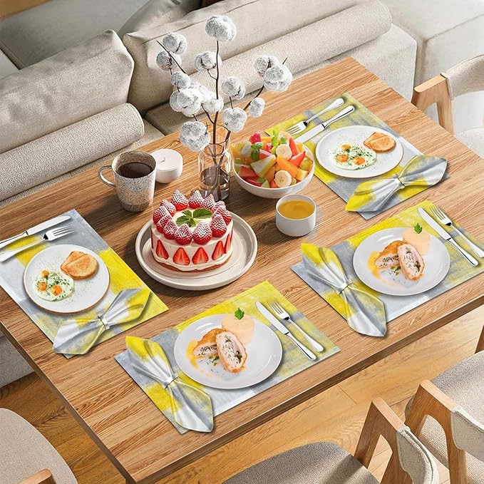 MCALK 4 Each Yellow Placemats and Cloth Napkins Set of 8, Modern Abstract Art Painted Placemat for Home Kitchen Decor (Placemats 18 "x12 Cloth Napkins 18 "x18)