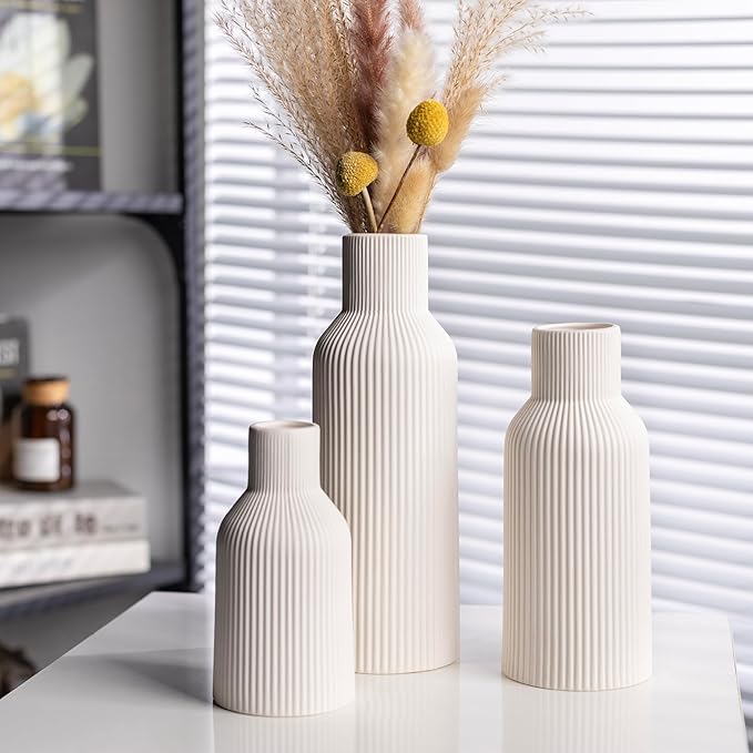White Ceramic Vases Set of 3,Farmhouse Decor, Home Decor, Pampas Grass Vases for Kitchen, Bedroom, Office, Living Room, Bathroom, Wedding, Entryway, Table Centerpieces, Gifts Women Mom
